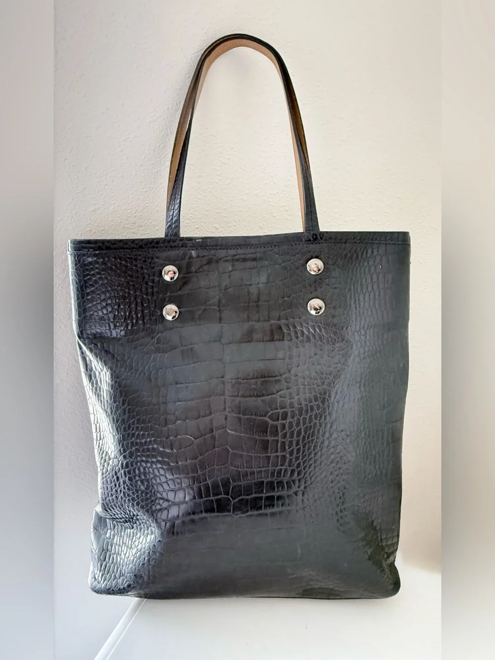 KUHO | Ink Navy Blue Croc Embossed Leather Tote Bag Handbag | Korean Minimalism